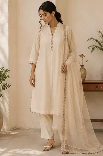 White cotton solid ethnic wear kurta set with dupatta for women