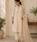White cotton solid ethnic wear kurta set with dupatta for women