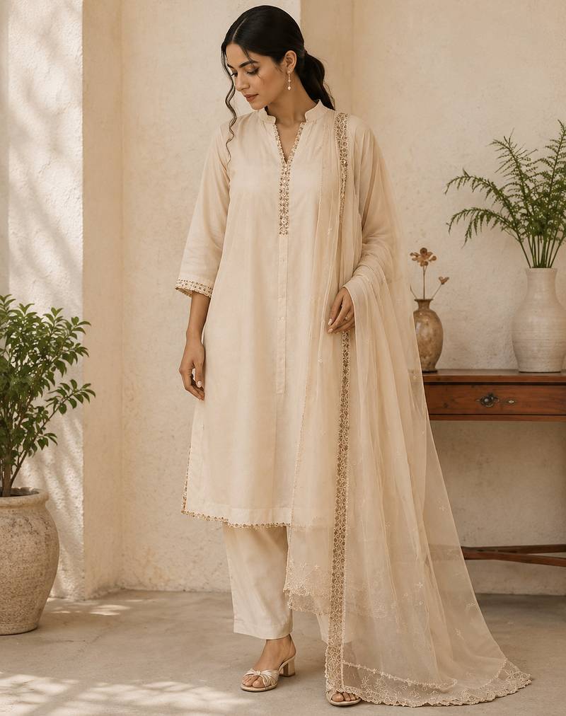 White cotton solid ethnic wear kurta set with dupatta for women
