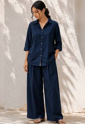 Blue solid pleated cotton shirt style tunic & trouser co-ord set for women 1