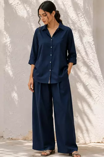 Blue solid pleated cotton shirt style tunic & trouser co-ord set for women