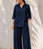 Blue solid pleated cotton shirt style tunic & trouser co-ord set for women