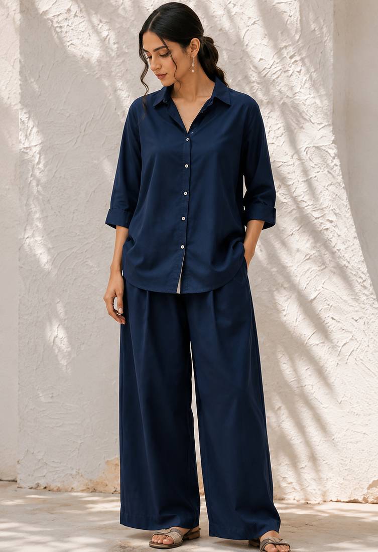 Blue solid pleated cotton shirt style tunic & trouser co-ord set for women