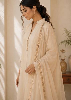White cotton solid ethnic wear kurta set with dupatta for women 2