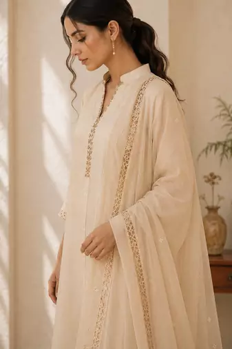 White cotton solid ethnic wear kurta set with dupatta for women