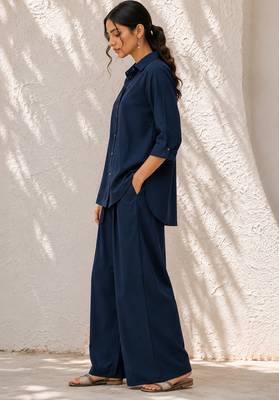 Blue solid pleated cotton shirt style tunic & trouser co-ord set for women 2