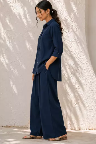 Blue solid pleated cotton shirt style tunic & trouser co-ord set for women