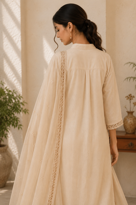 White cotton solid ethnic wear kurta set with dupatta for women 3