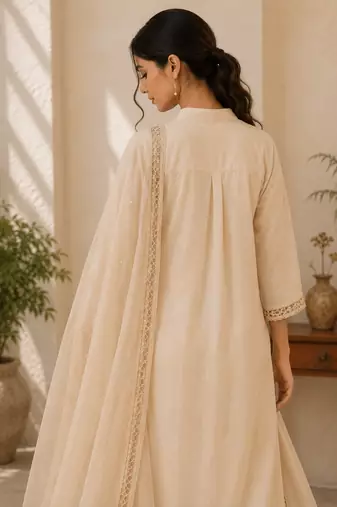 White cotton solid ethnic wear kurta set with dupatta for women