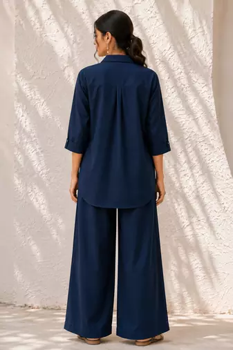 Blue solid pleated cotton shirt style tunic & trouser co-ord set for women