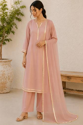 Pink cotton solid ethnic wear kurta set with dupatta for women