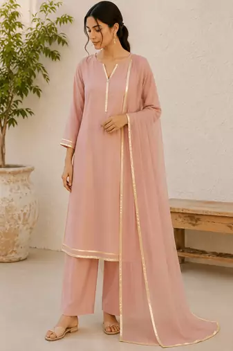 Pink cotton solid ethnic wear kurta set with dupatta for women