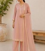Pink cotton solid ethnic wear kurta set with dupatta for women