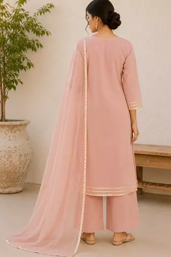 Pink cotton solid ethnic wear kurta set with dupatta for women