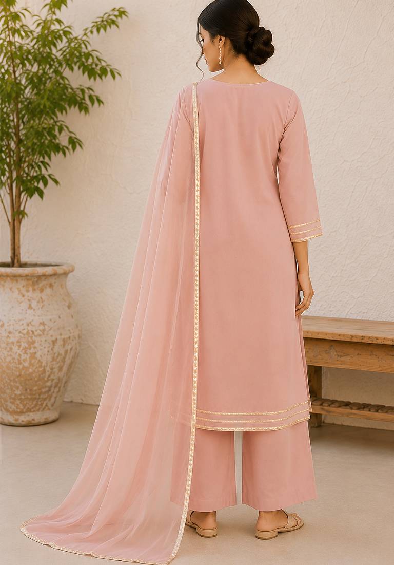 Pink cotton solid ethnic wear kurta set with dupatta for women