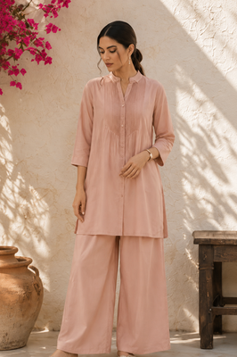 Pink solid pleated cotton shirt style tunic & trouser co-ord set for women 1