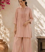 Pink solid pleated cotton shirt style tunic & trouser co-ord set for women