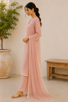 Pink cotton solid ethnic wear kurta set with dupatta for women 3
