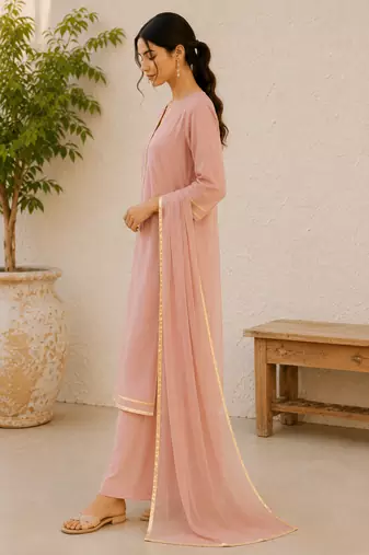 Pink cotton solid ethnic wear kurta set with dupatta for women