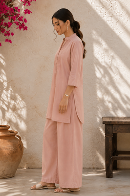 Pink solid pleated cotton shirt style tunic & trouser co-ord set for women 2