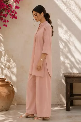 Pink solid pleated cotton shirt style tunic & trouser co-ord set for women