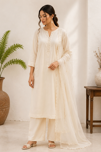 White cotton solid ethnic wear kurta set with dupatta for women