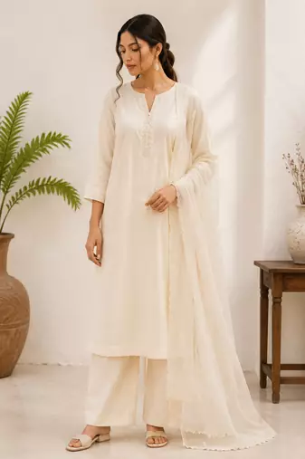 White cotton solid ethnic wear kurta set with dupatta for women