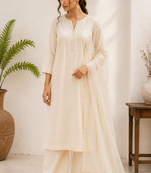 White cotton solid ethnic wear kurta set with dupatta for women