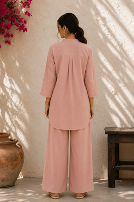 Pink solid pleated cotton shirt style tunic & trouser co-ord set for women 3
