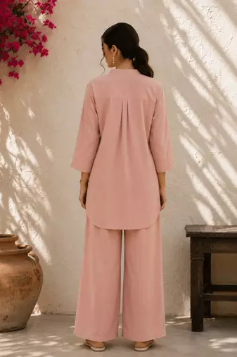 Pink solid pleated cotton shirt style tunic & trouser co-ord set for women
