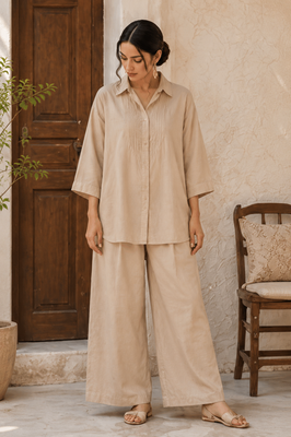 Beige solid pleated cotton shirt style tunic & trouser co-ord set for women 1