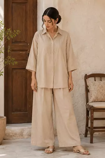 Beige solid pleated cotton shirt style tunic & trouser co-ord set for women