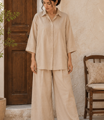 Beige solid pleated cotton shirt style tunic & trouser co-ord set for women