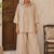 Beige solid pleated cotton shirt style tunic & trouser co-ord set for women