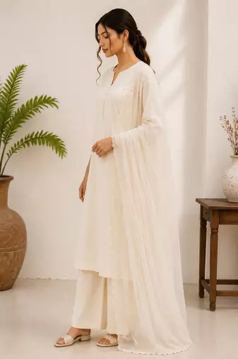 White cotton solid ethnic wear kurta set with dupatta for women