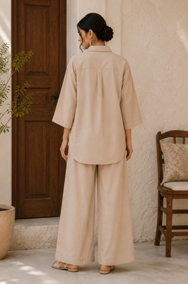 Beige solid pleated cotton shirt style tunic & trouser co-ord set for women 2