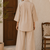 Beige solid pleated cotton shirt style tunic & trouser co-ord set for women
