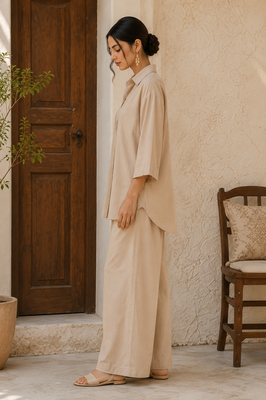 Beige solid pleated cotton shirt style tunic & trouser co-ord set for women 3