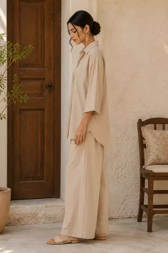 Beige solid pleated cotton shirt style tunic & trouser co-ord set for women