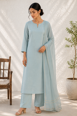 Blue cotton solid ethnic wear kurta set with dupatta for women 1