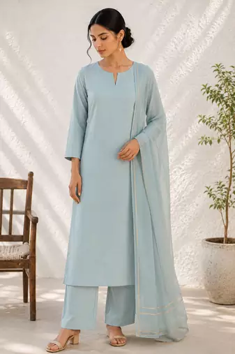 Blue cotton solid ethnic wear kurta set with dupatta for women