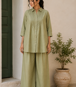 Olive solid pleated cotton shirt style tunic & trouser co-ord set for women