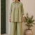 Olive solid pleated cotton shirt style tunic & trouser co-ord set for women