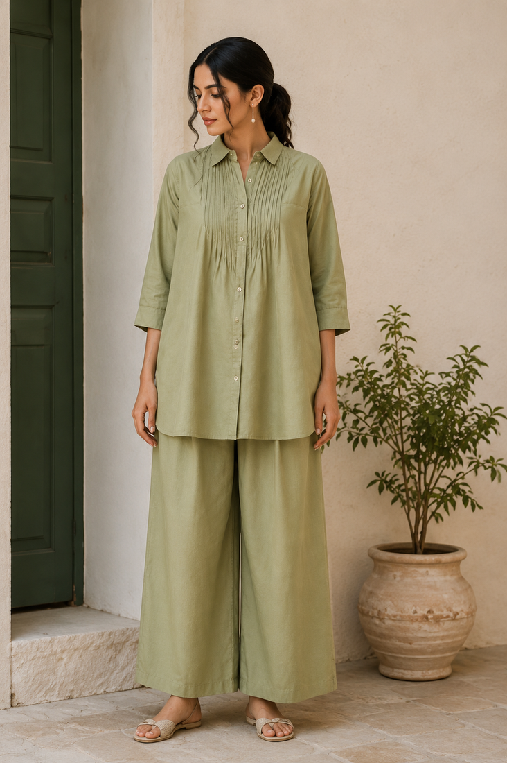 Olive solid pleated cotton shirt style tunic & trouser co-ord set for women