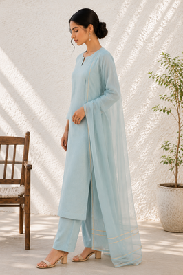 Blue cotton solid ethnic wear kurta set with dupatta for women 2
