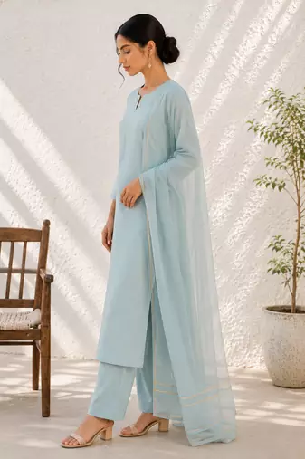 Blue cotton solid ethnic wear kurta set with dupatta for women