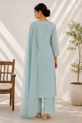 Blue cotton solid ethnic wear kurta set with dupatta for women 3