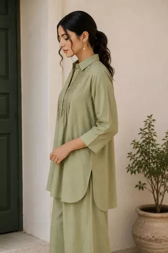 Olive solid pleated cotton shirt style tunic & trouser co-ord set for women