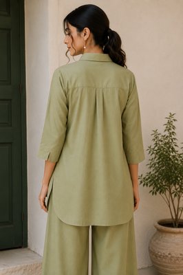 Olive solid pleated cotton shirt style tunic & trouser co-ord set for women 3