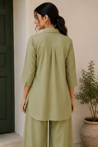 Olive solid pleated cotton shirt style tunic & trouser co-ord set for women